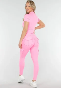 Roze Cargo Trainingspak met Scrunch, Korte Mouwen en Rits