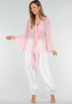 Roze Chiffon Blouse met Ruches en Knoopsluiting