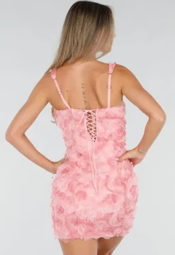 Roze 3D Bloemen Jurk met Brede Bandjes en Vierkante Hals