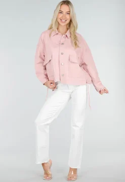 Roze Denim Jas met Klepzakken en Trekkoord