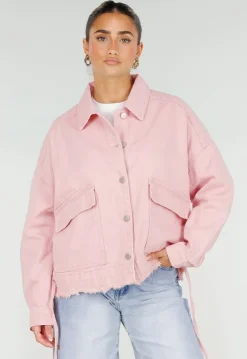 Roze Denim Jas met Klepzakken en Trekkoord