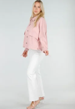 Roze Denim Jas met Klepzakken en Trekkoord