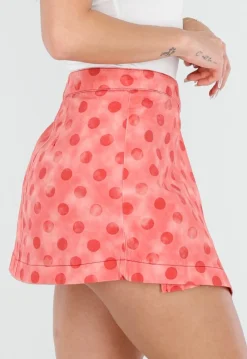 Roze Denim Rok met Rode Stippen en Overslag Sluiting