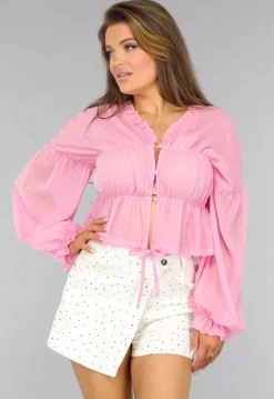 Roze Doorschijnende Blouse met Strikdetail
