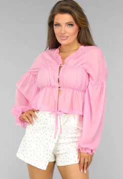 Roze Doorschijnende Blouse met Strikdetail