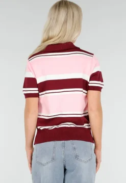 Roze en Bordeauxrode Gestreepte Polo Top met Korte Mouwen