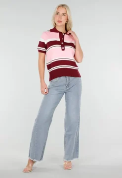 Roze en Bordeauxrode Gestreepte Polo Top met Korte Mouwen