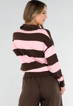 Roze en Bruin Gestreepte Polo Trui
