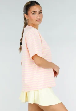 Roze en Geel Gestreept Oversized T-shirt met Korte Mouwen