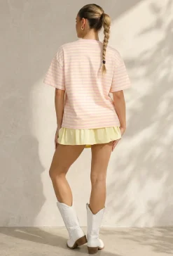 Roze en Geel Gestreept Oversized T-shirt met Korte Mouwen