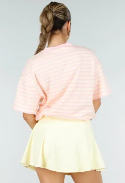 Roze en Geel Gestreept Oversized T-shirt met Korte Mouwen