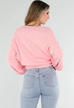 Roze Fijngebreid Overslag Vest met Strikdetail en Ballonmouwen