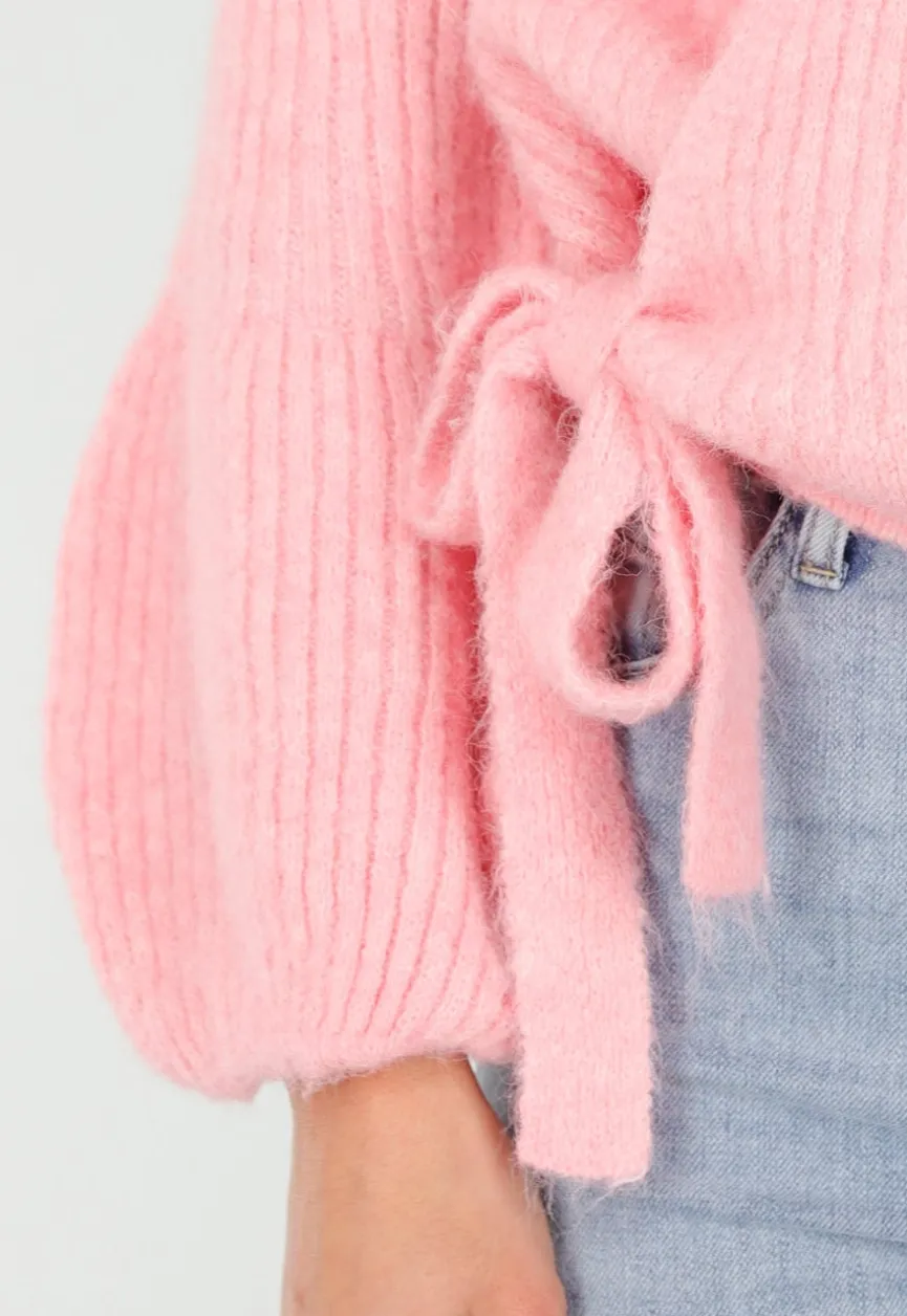 Roze Fijngebreid Overslag Vest met Strikdetail en Ballonmouwen