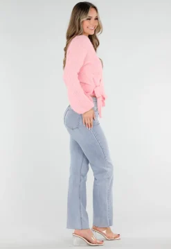 Roze Fijngebreid Overslag Vest met Strikdetail en Ballonmouwen