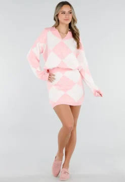 Roze Gebreide Ruitpatroon Set met Trui en Rok