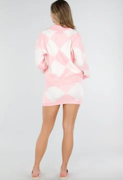 Roze Gebreide Ruitpatroon Set met Trui en Rok