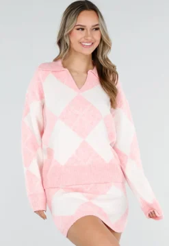 Roze Gebreide Ruitpatroon Set met Trui en Rok