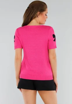 Roze Gebreide Top met Stretch, Striksluiting en Strikjesprint