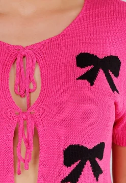Roze Gebreide Top met Stretch, Striksluiting en Strikjesprint