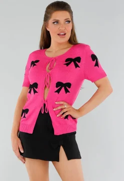 Roze Gebreide Top met Stretch, Striksluiting en Strikjesprint