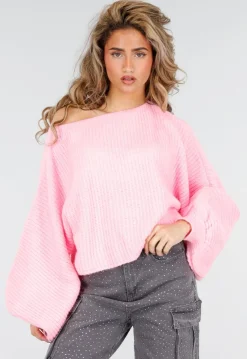 Roze Gebreide Trui met Ballonmouwen
