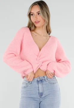 Roze Gebreide Twist Trui met V Hals en Open Rug