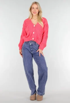 Roze Gebreid Vest met V-Hals en Knoopsluiting