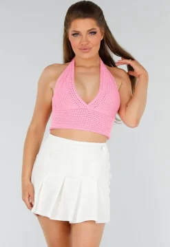 Roze Gehaakte Haltertop met Stretch en Cropped Model
