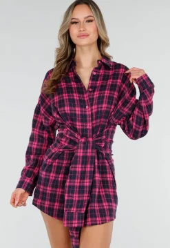 Roze Geruite Blouse Jurk met Tailleband
