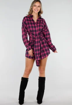 Roze Geruite Blouse Jurk met Tailleband