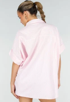 Roze Gestreepte Blouse met Korte Mouwen en Knoopsluiting