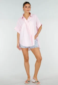 Roze Gestreepte Blouse met Korte Mouwen en Knoopsluiting