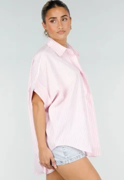 Roze Gestreepte Blouse met Korte Mouwen en Knoopsluiting
