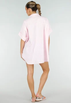 Roze Gestreepte Blouse met Korte Mouwen en Knoopsluiting