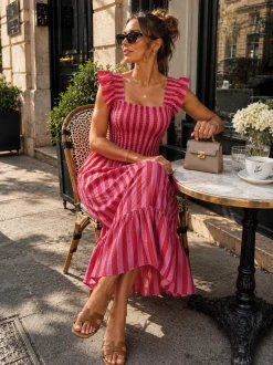 Roze Gestreepte Midi Jurk met Smockdetail en Ruffle Mouwen