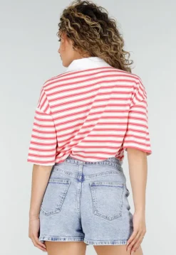 Roze Gestreepte Polo T-shirt met Kraag en Korte Mouwen