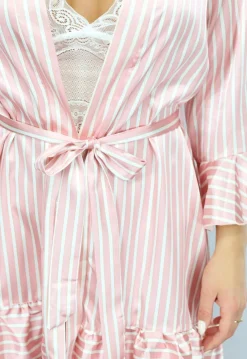 Roze Gestreepte Satijnen Pyjama Short Set met Kimono