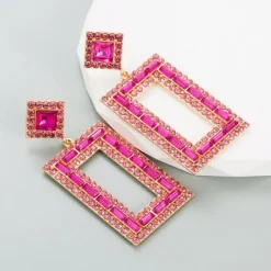 Roze Grove Rechthoekige Oorbellen met Diamantjes