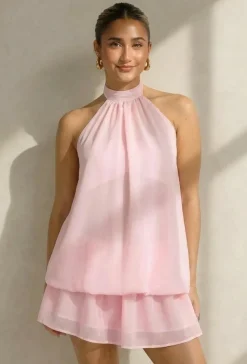 Roze Halter Jurkje met Open Rug en Striksluiting