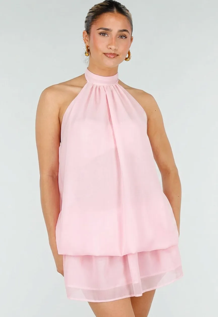 Roze Halter Jurkje met Open Rug en Striksluiting