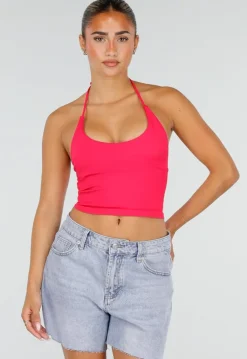 Roze Halter Sport Top met Verstelbaar Halterbandje, Uitneembare Pads en Stretch