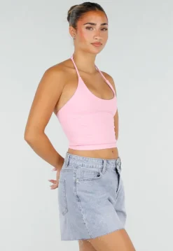 Roze Halter Sport Top met Verstelbaar Halterbandje, Uitneembare Pads en Stretch