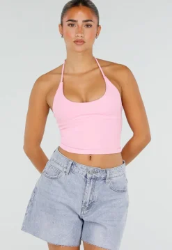 Roze Halter Sport Top met Verstelbaar Halterbandje, Uitneembare Pads en Stretch