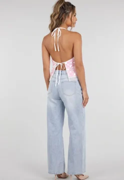 Roze Halter Top met Grote Pailletten en Transparante Onderlaag