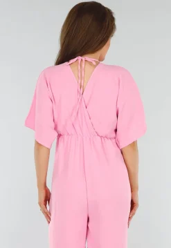 Roze Jumpsuit met V-Hals, Wijde Pijpen en Open Rug
