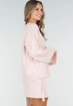 Roze Kabel Gebreide Trui met Lange Mouwen