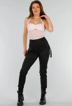 Roze Kanten Stretch Haltertop met Striksluiting