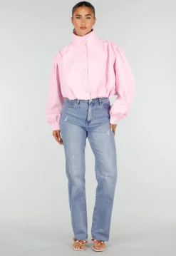 Roze Kort Jasje met Pofmouwen en Knoopsluiting