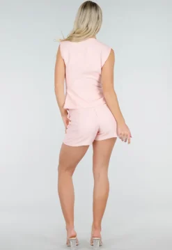 Roze Linnenlook Gilet Top met Overslag en Striksluiting