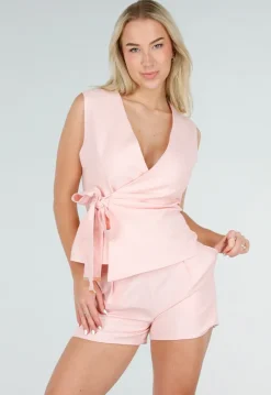 Roze Linnenlook Gilet Top met Overslag en Striksluiting